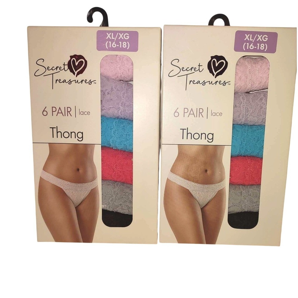Lot of 2 Secret Treasures Womens 6 Pack Lace Thong Panties XL 16-18 Multi New